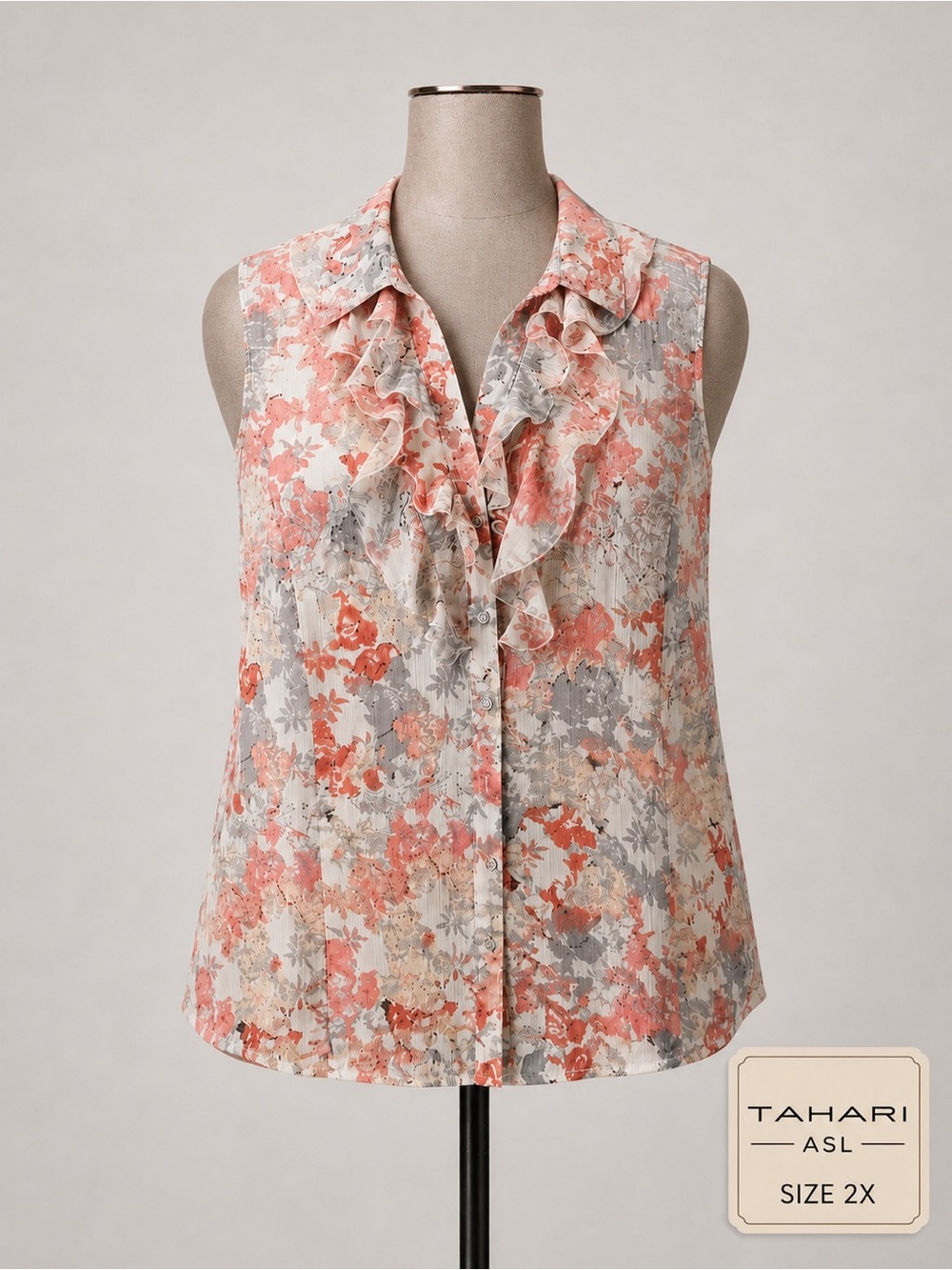 Tahari ASL Floral Ruffle Sleeveless Blouse in Coral and Gray